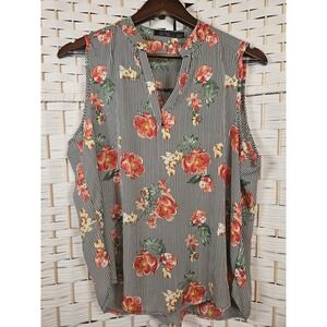 Cure Womens Large Sleeveless Striped Floral Blouse Bloomcore Cottagecore